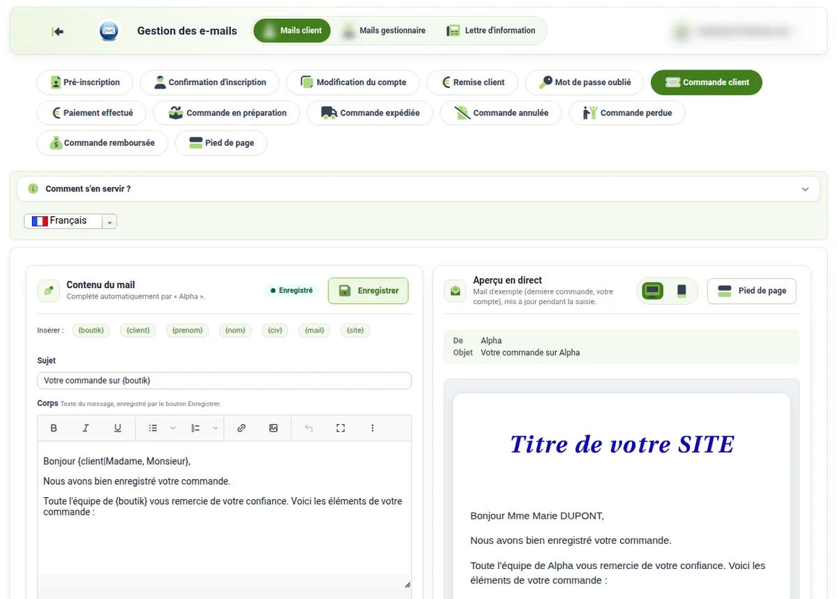 Quels e-mails sont envoyés automatiquement à mes clients – capture d’écran