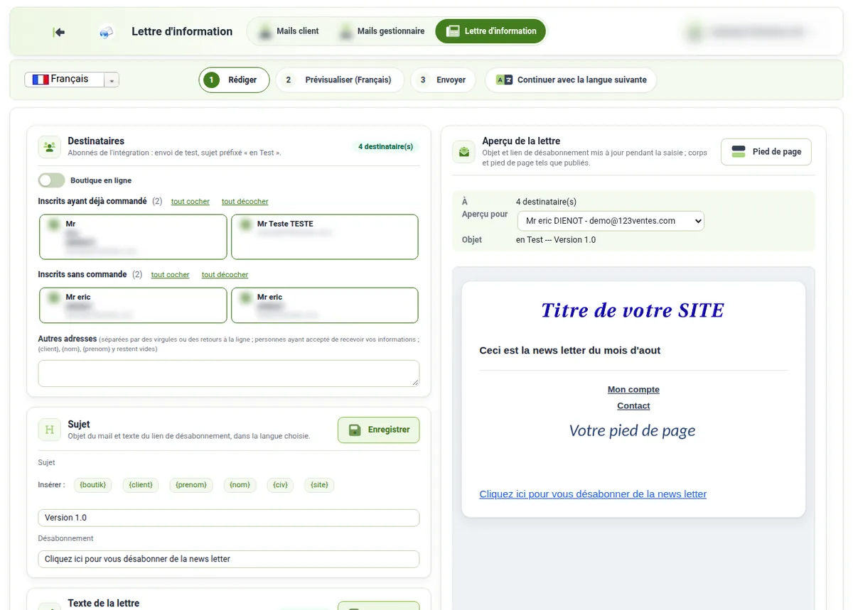 Comment envoyer une lettre d’information à mes clients – capture d’écran